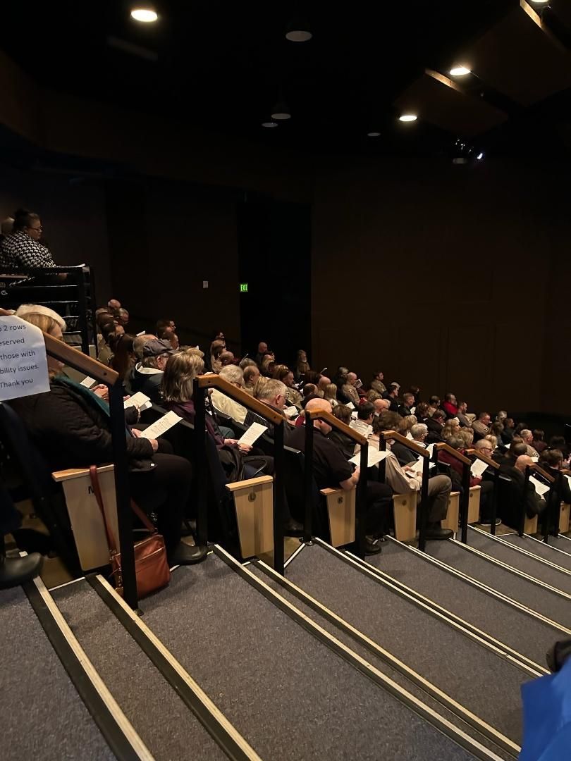 Audience in a dimly lit theater, seated in rows, watching a performance.