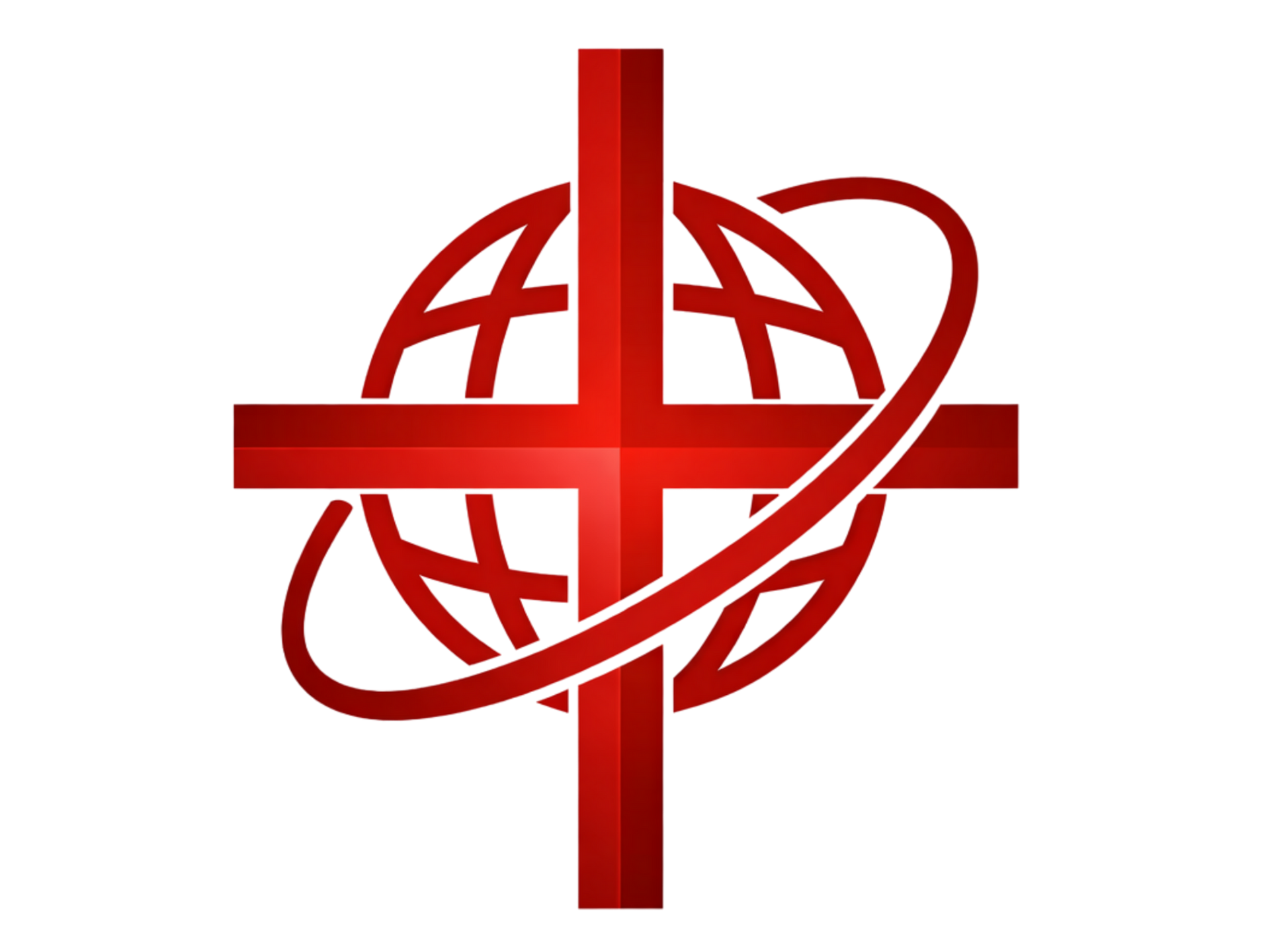 Red cross superimposed on a globe, with a curved orbit; symbolizing global Christianity.