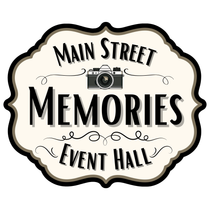 Logo for Main Street Memories Event Hall, featuring a vintage-style camera icon and decorative text on a cream background.