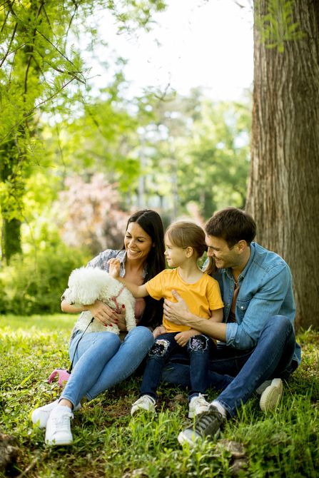 Family of three and a small dog sitting in a park, smiling and looking at the dog.