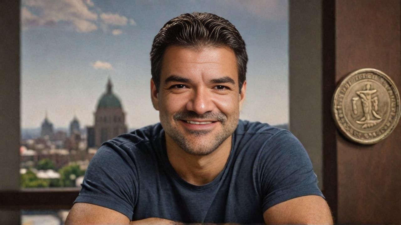 Smiling man in a blue shirt, looking at the camera. Background of a city skyline, medallion on wall.