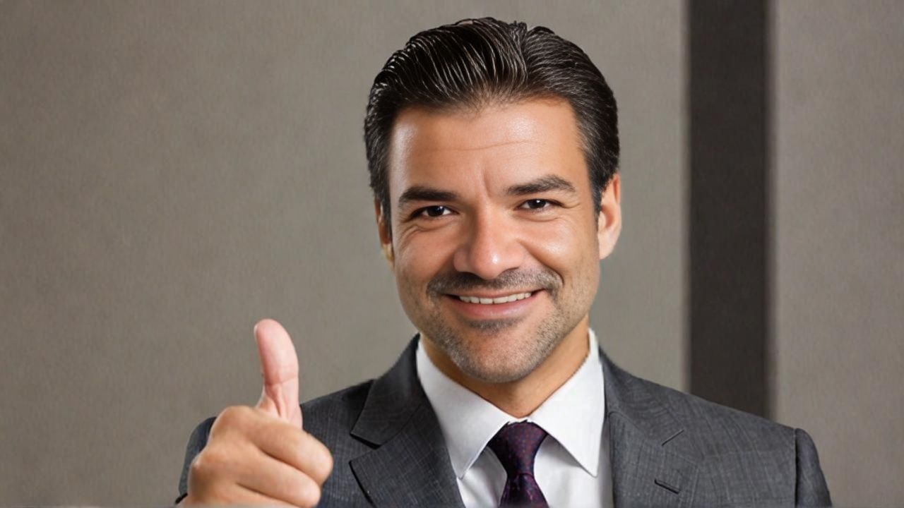 Man in suit smiles, giving thumbs up; neutral gray background.
