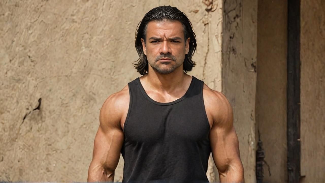 A younger David Zobell with dark hair in a black tank top, looking intently, outdoors against a rough wall.