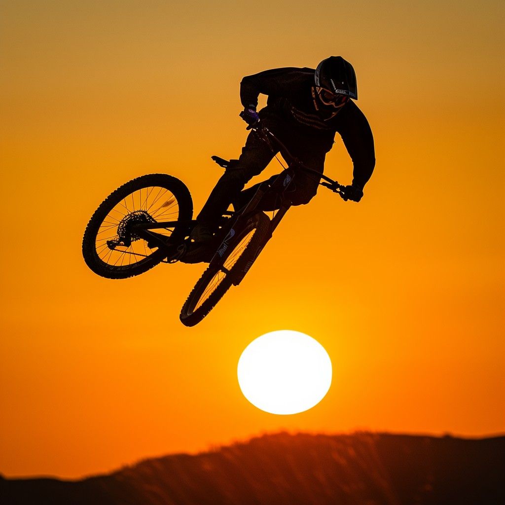 A person is riding a bike in the air at sunset