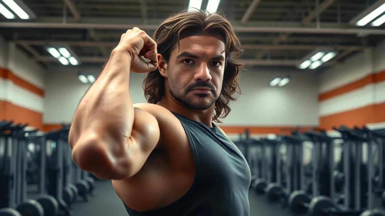 A man is flexing his muscles in a gym.