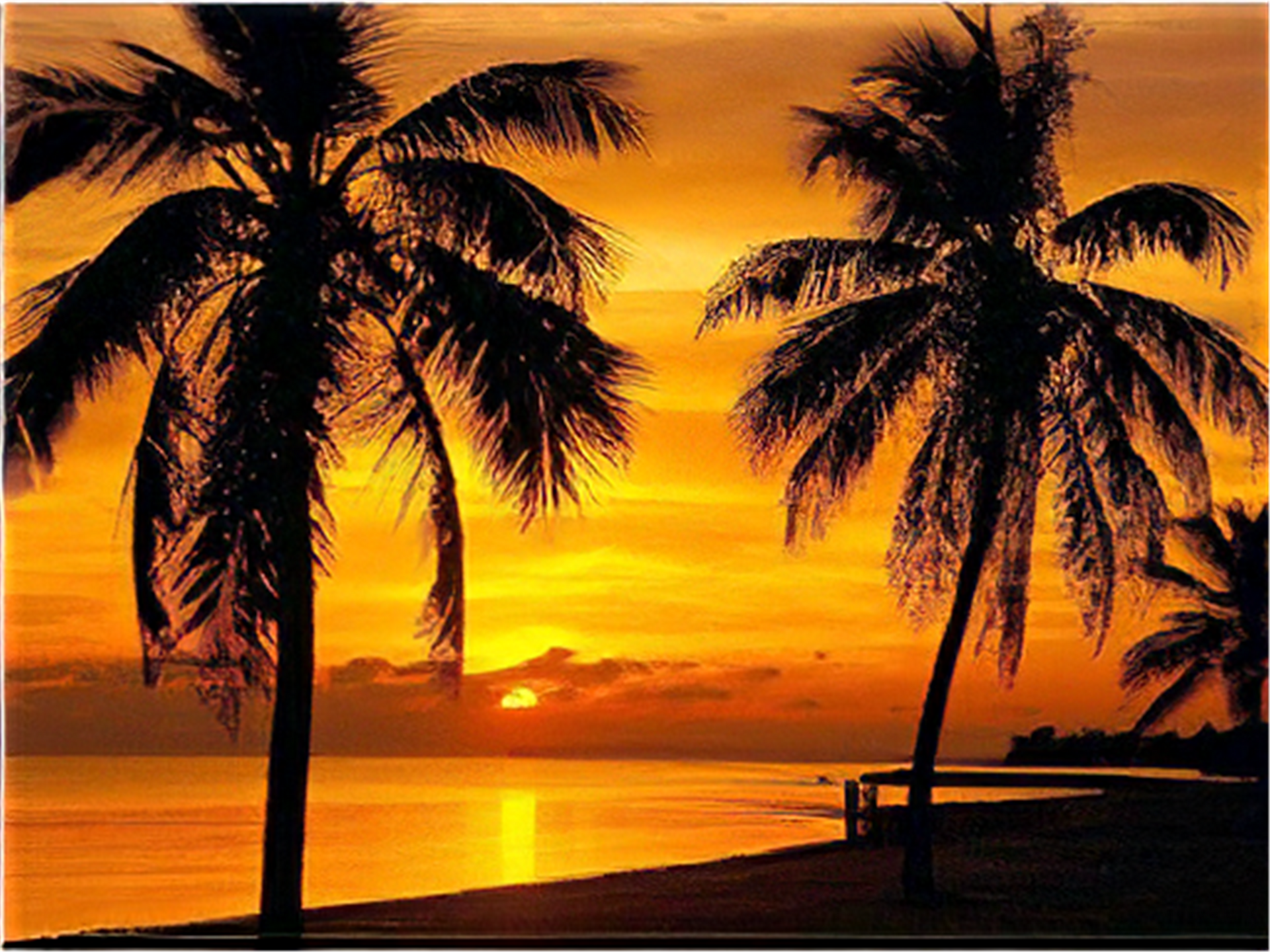 Two palm trees are silhouetted against a sunset over the ocean