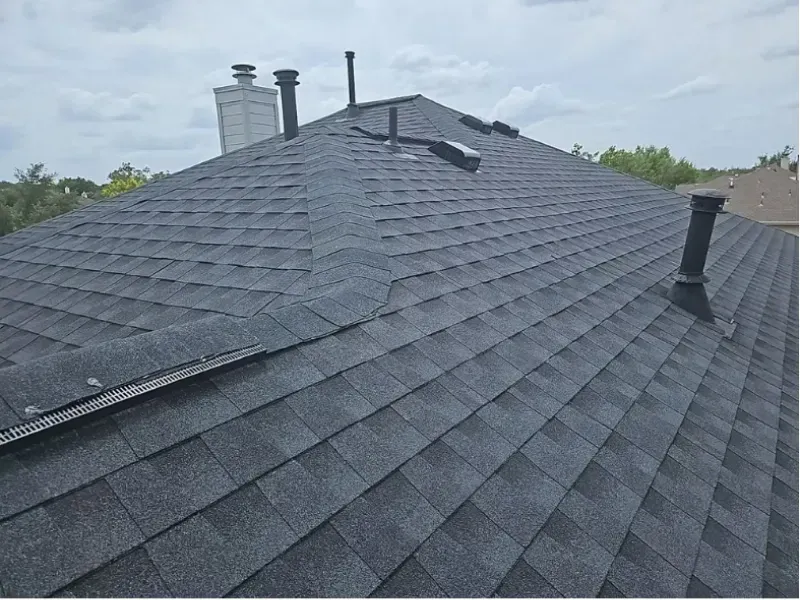 Dark gray shingle roof on a residential building with chimneys and vents visible against a cloudy sky.