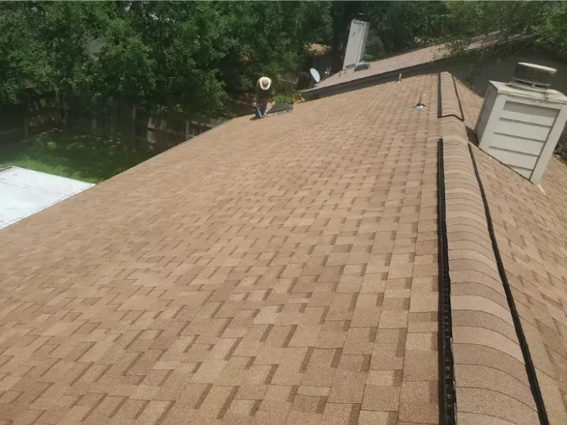 A person on a brown shingled roof, trees in the background. Sunny day.