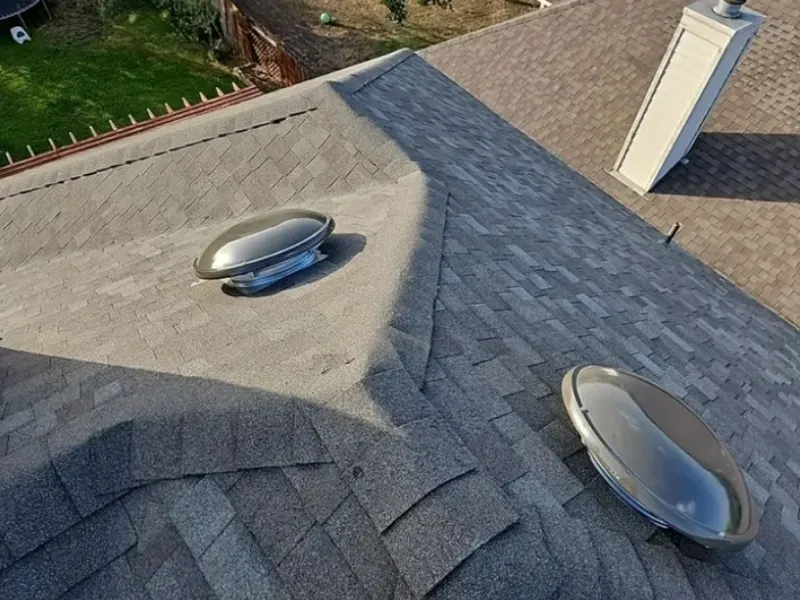 Overhead view of a roof with two solar tube skylights and a chimney.