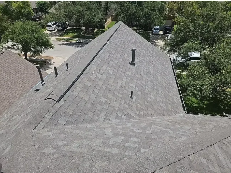 Gray shingle roof of a house, with several vents and surrounded by trees.