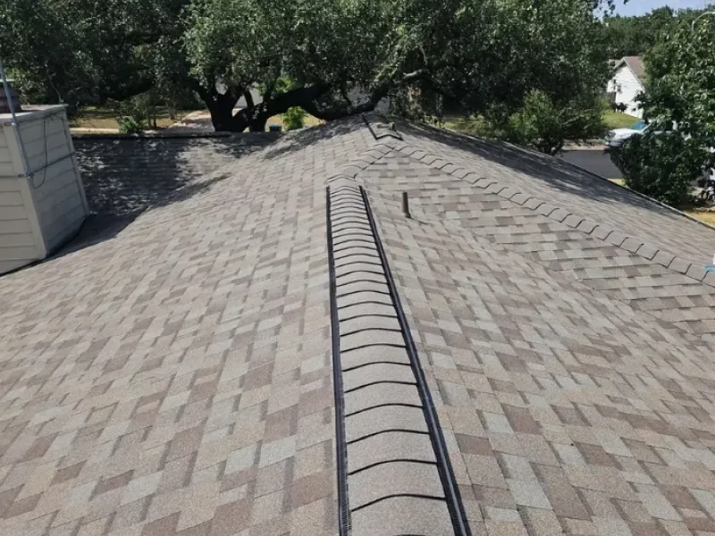 A roof covered with gray and brown shingles; a central vent runs along the peak of the roof.