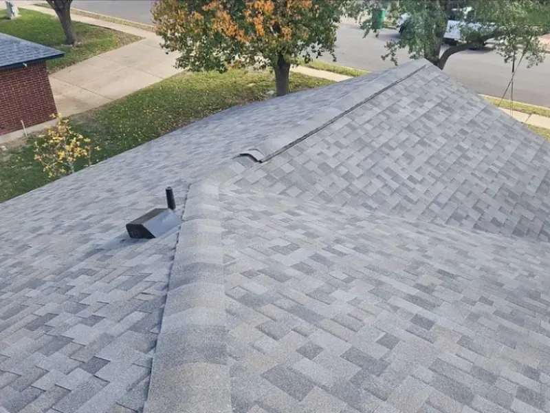 Gray shingle roof, angled view. A vent pipe and a ridge vent are visible. Outdoors, daytime.