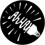 AhHA logo of a white spiral lightbulb