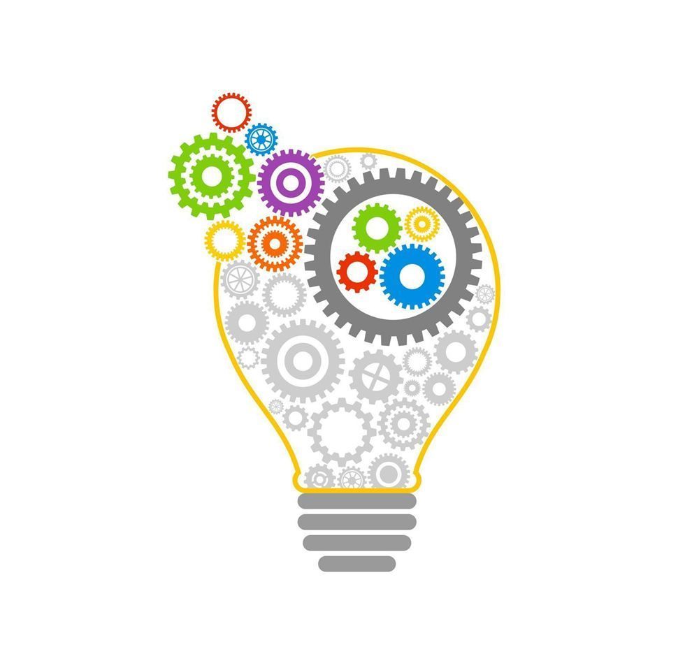 Light bulb made of gray gears with colorful gears inside and around it