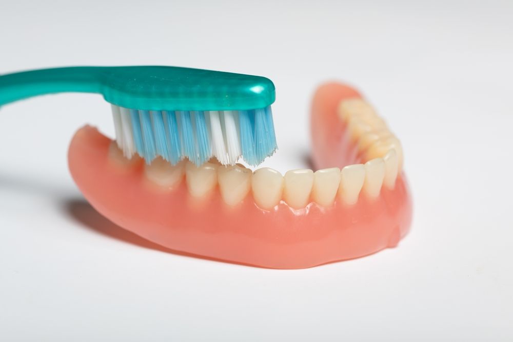 A Person is Brushing a Denture With a Toothbrush — Dental Prosthetics By Richard & Cindy In Oxenford, QLD