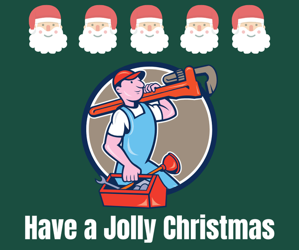 A christmas card with a plumber holding a pipe wrench