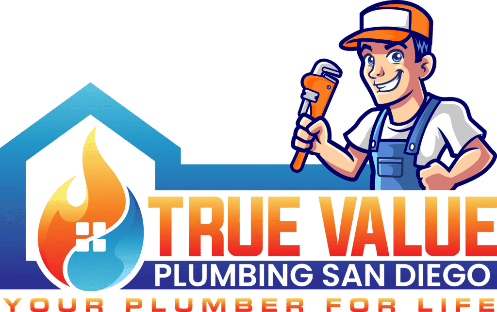 The logo for true value plumbing san diego shows a plumber holding a wrench.