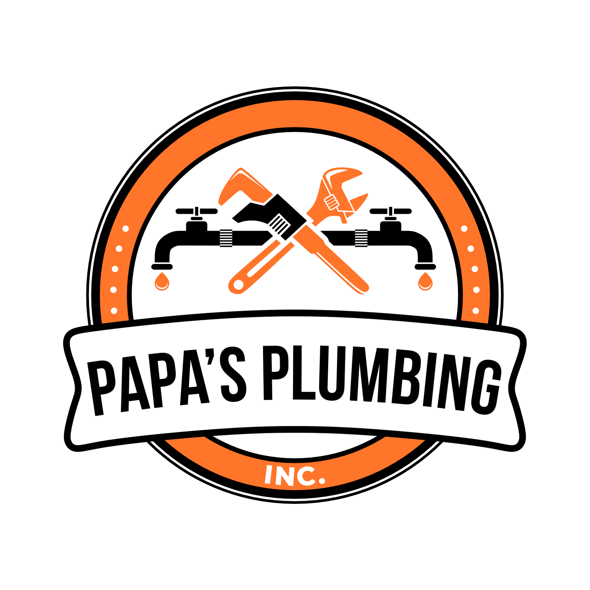 A logo for papa 's plumbing inc. with a wrench and faucet.