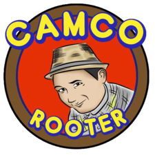 A logo for camco rooter with a man wearing a hat
