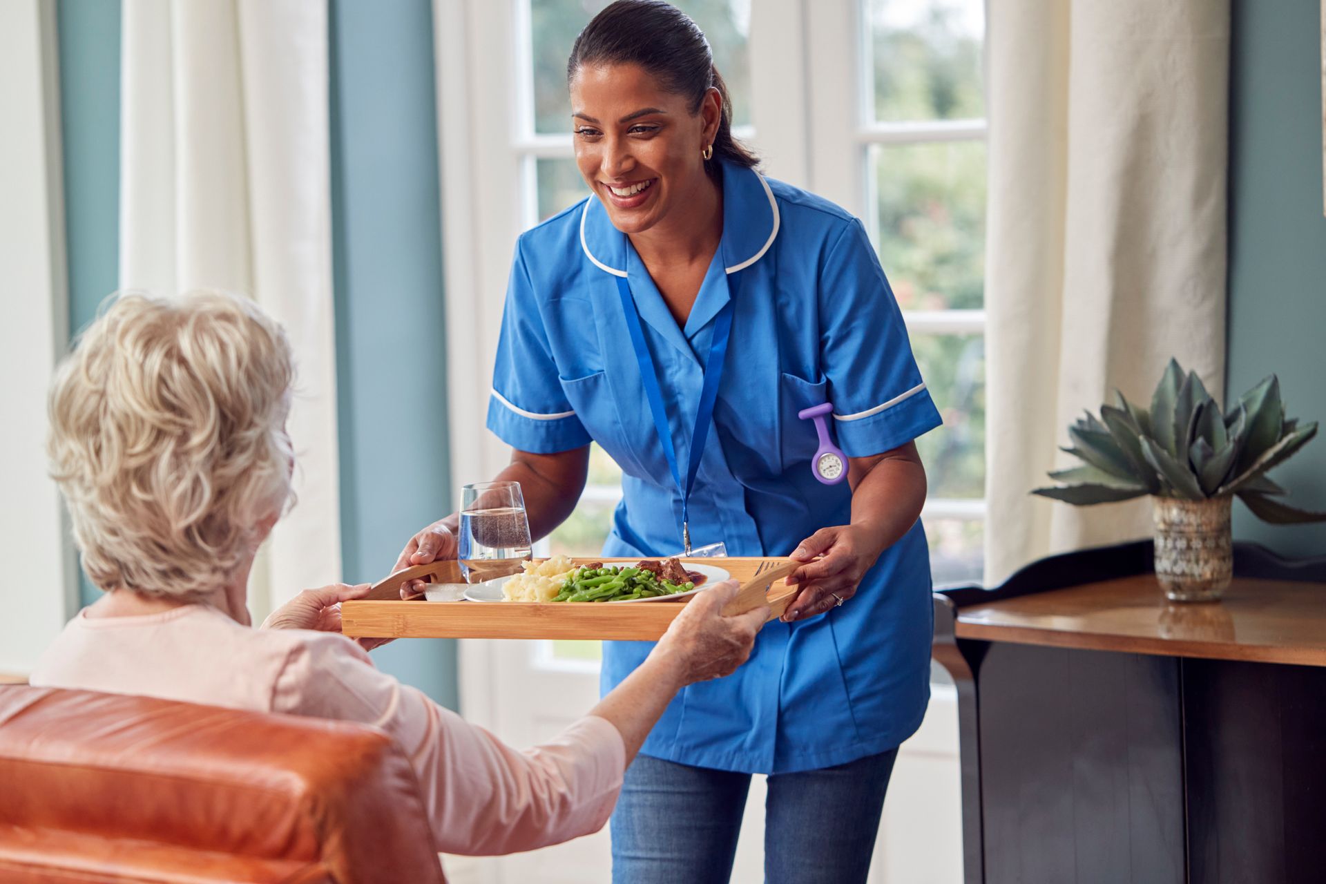 A nurse is serving food to an elderly woman in a living room.