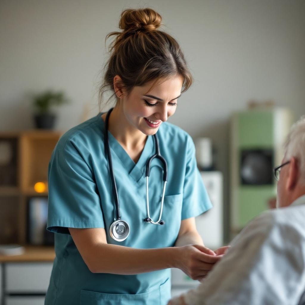 A nurse is holding the hand of an elderly woman.