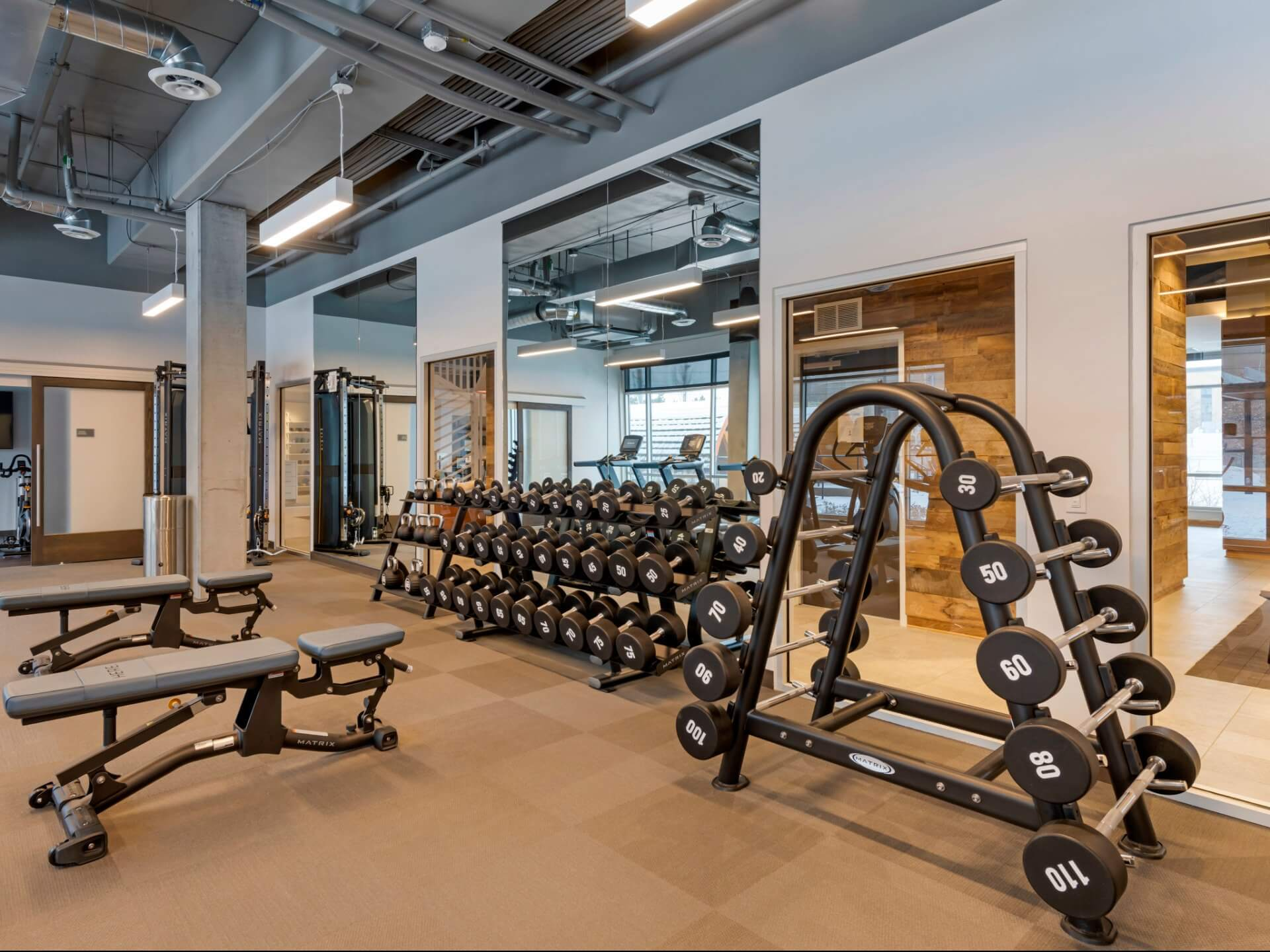 Fitness center at HERE Minneapolis.