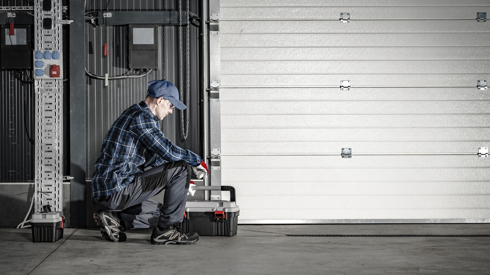 A man is kneeling down in front of a garage door.