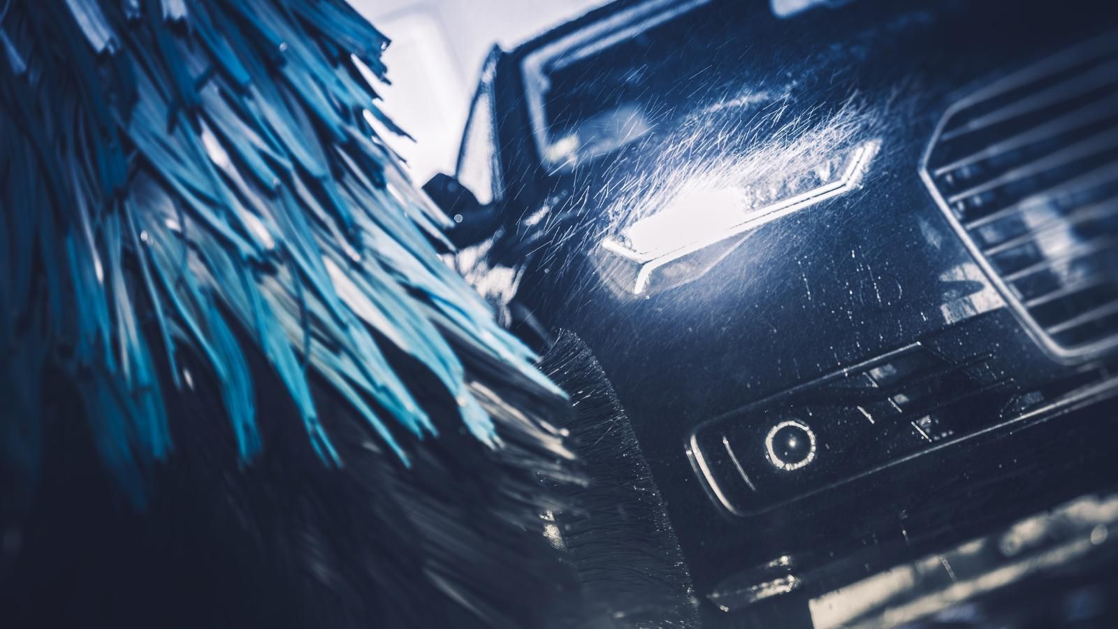 Automatic car wash on a dark car.