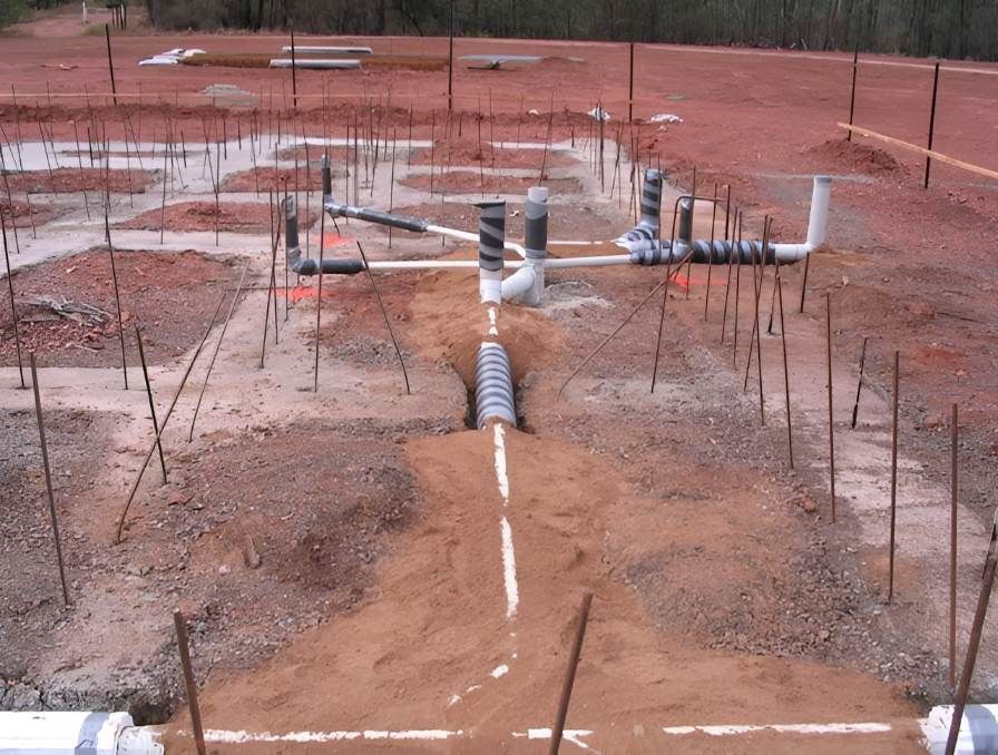 A Lot Of Pipes Are Laying In The Dirt On A Construction Site — Christians Plumbing in Emerald, QLD
