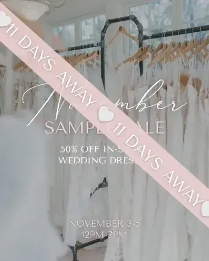 Pink banner: "November sample sale, 50% off wedding dresses, November 3-5, 12PM-7PM." Dresses in background.