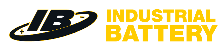 The logo for ib industrial battery is black and yellow