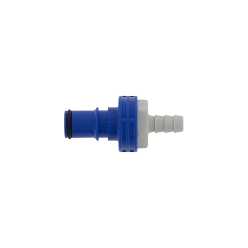 A blue and white plastic hose connector on a white background.