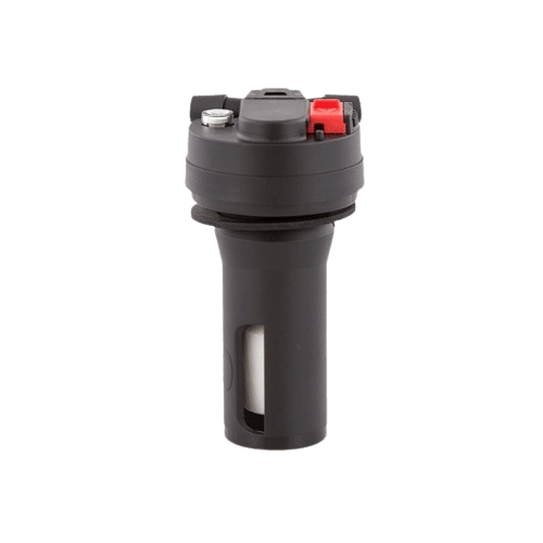 A close up of a black object with a red button on it on a white background.