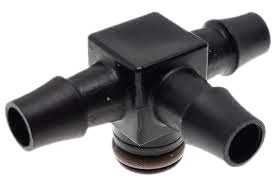 A close up of a black plastic hose connector on a white background.