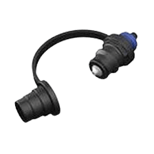A close up of a black connector with a blue cap on a white background.