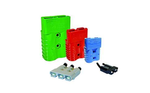 A group of different colored electrical connectors on a white background.