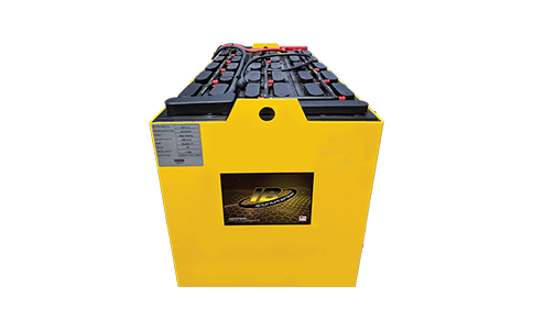 A yellow box filled with black batteries on a white background.