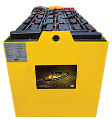 A yellow and black battery with a logo on it.