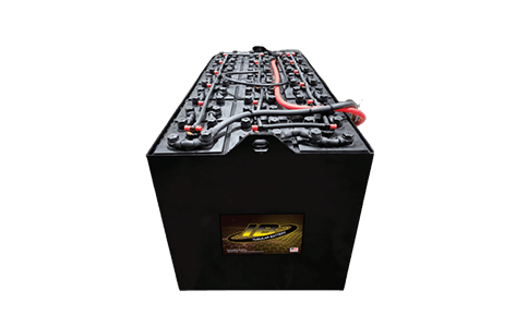 A black battery with red wires attached to it on a white background.