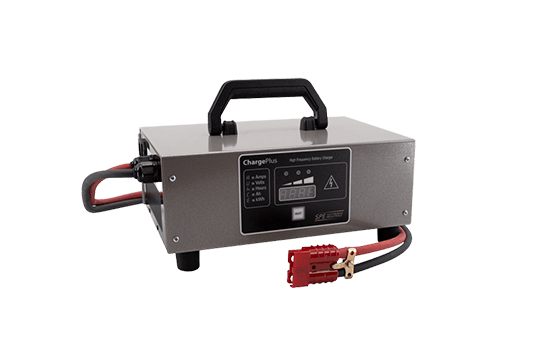 A portable battery charger with two red wires attached to it.