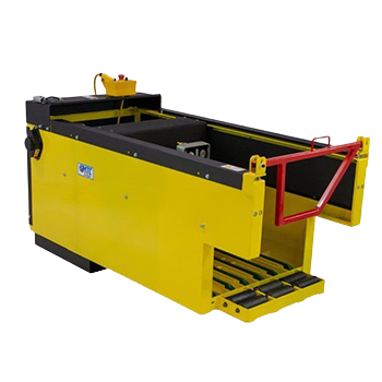 A yellow and black machine with a red handle on the side