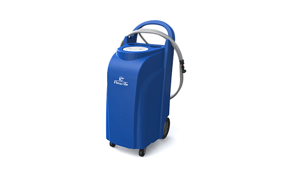 A blue container with wheels and a handle on a white background