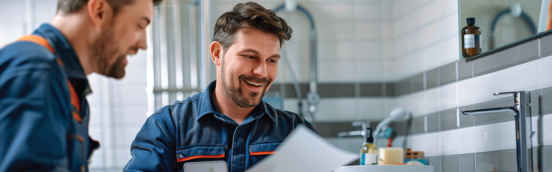 Two men are looking at a piece of paper in a bathroom.