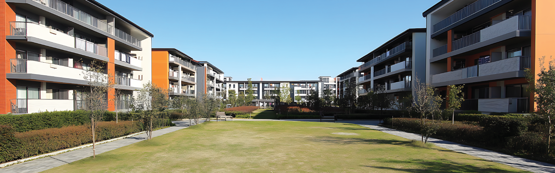 A row of apartment buildings with a grassy area in the middle