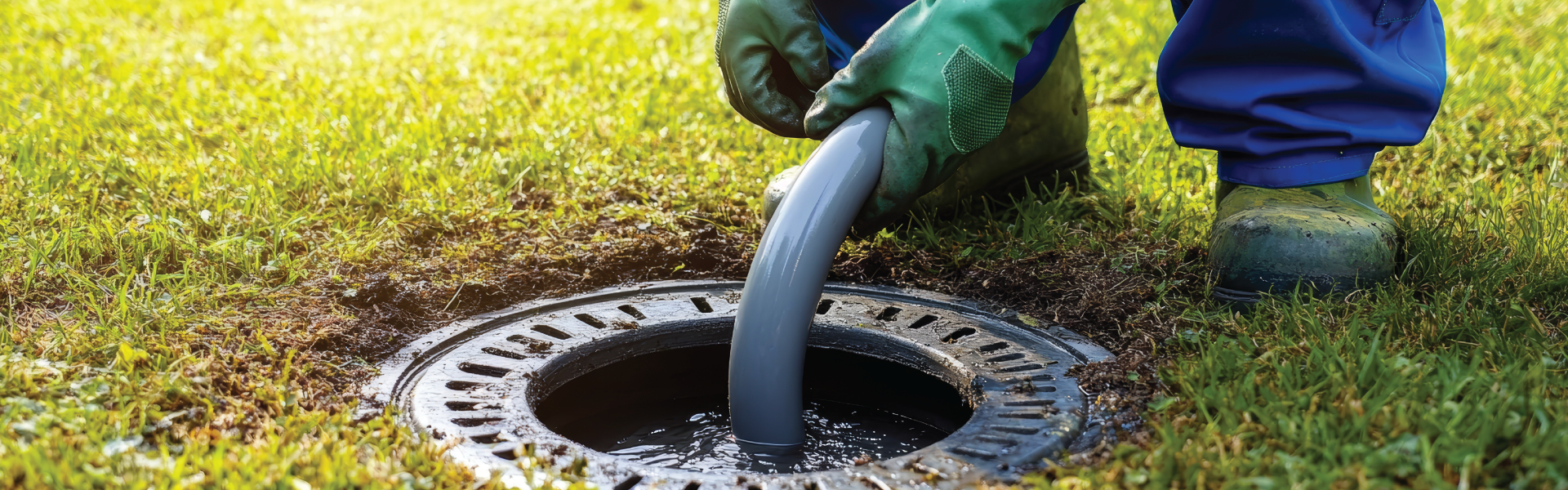 A person is pumping water into a manhole cover.