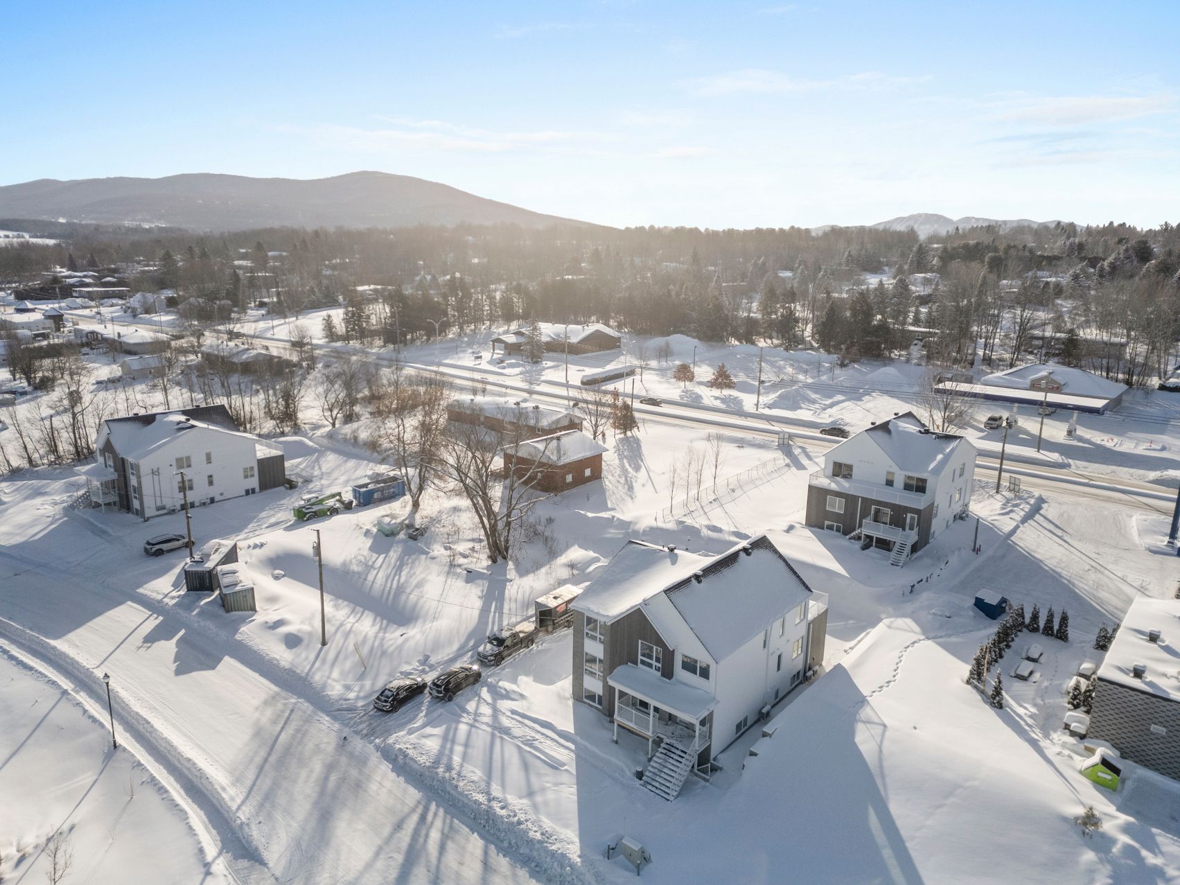 Une vue aérienne d'un quartier enneigé avec des maisons et des arbres couverts de neige.