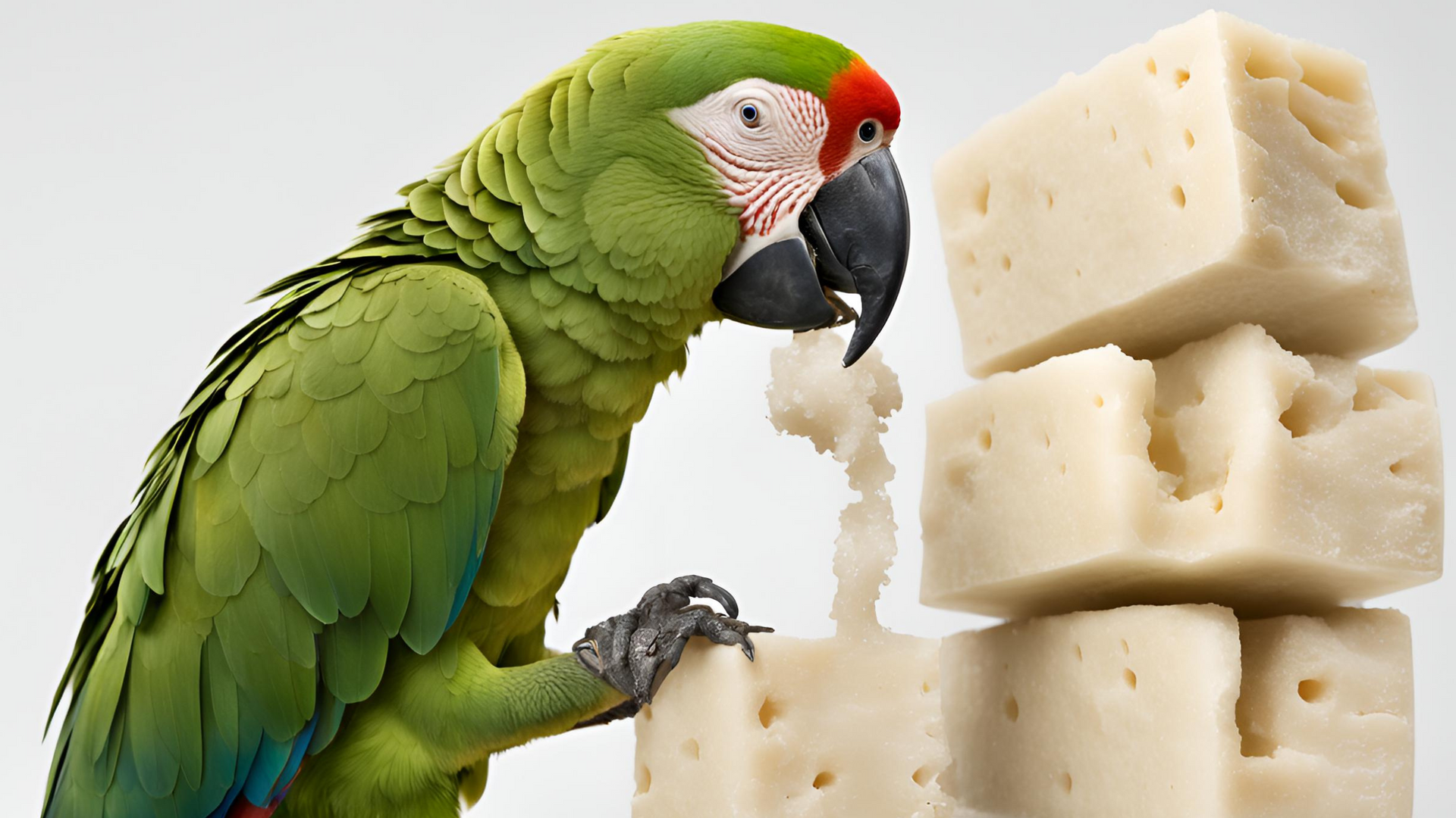 A green parrot standing next to a stack of cheese cubes
