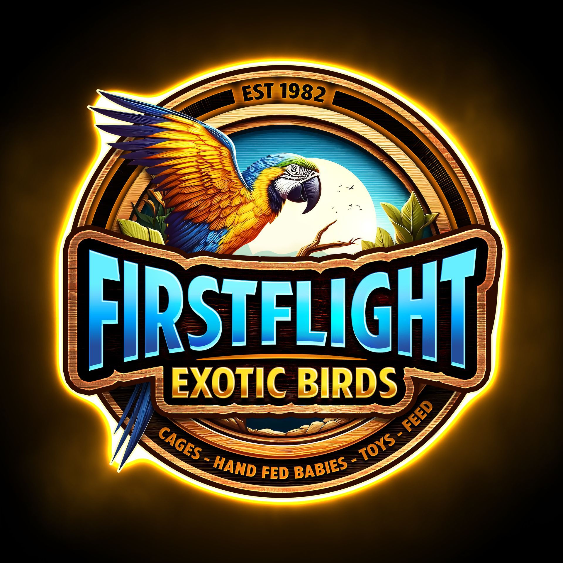 A logo for firstflight exotic birds with a parrot on it