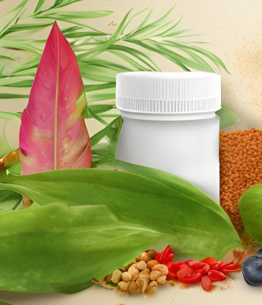 A bottle of pills is surrounded by fruits and vegetables