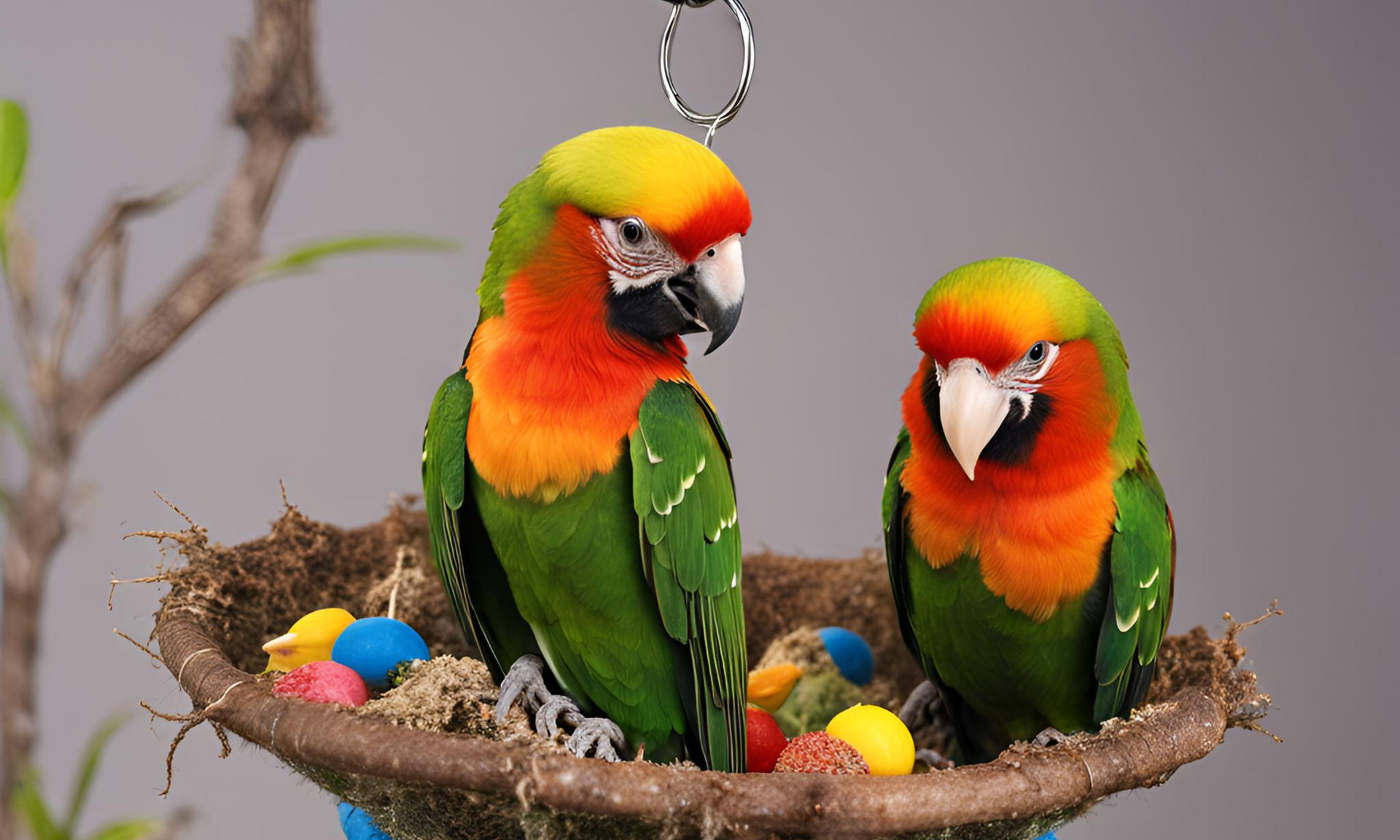 Two colorful parrots are sitting in a nest with eggs